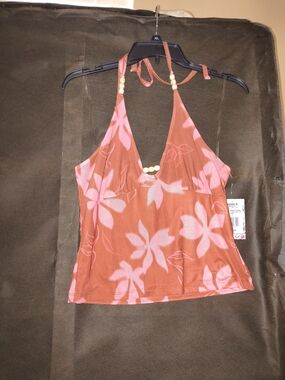 Women’s Halter Floral Tank Top - Pink on Rust